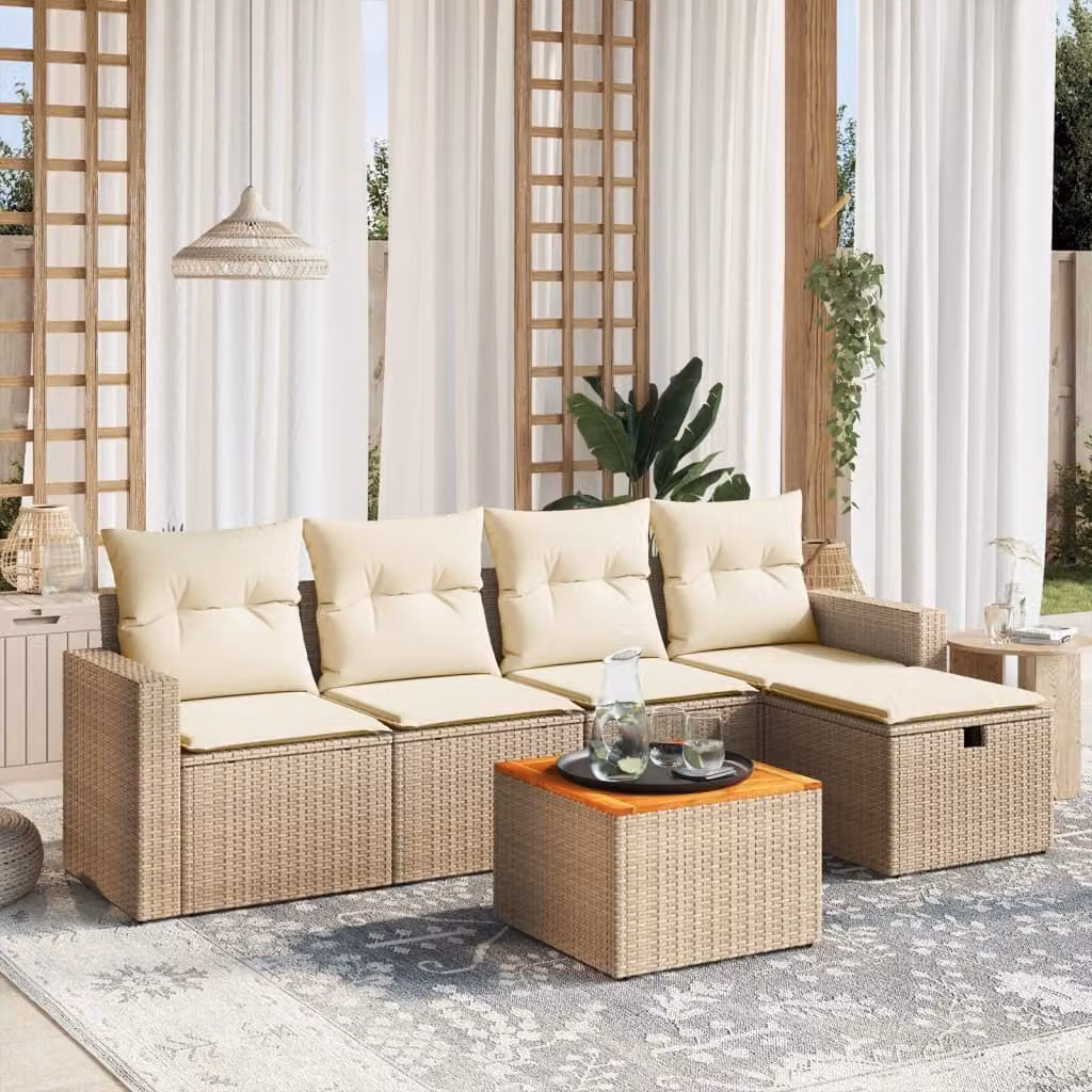 vidaXL Set Divano da Giardino a L composto da 6 pezzi con Cuscini Beige e Tavolino in Polyrattan e Acciaio – 1