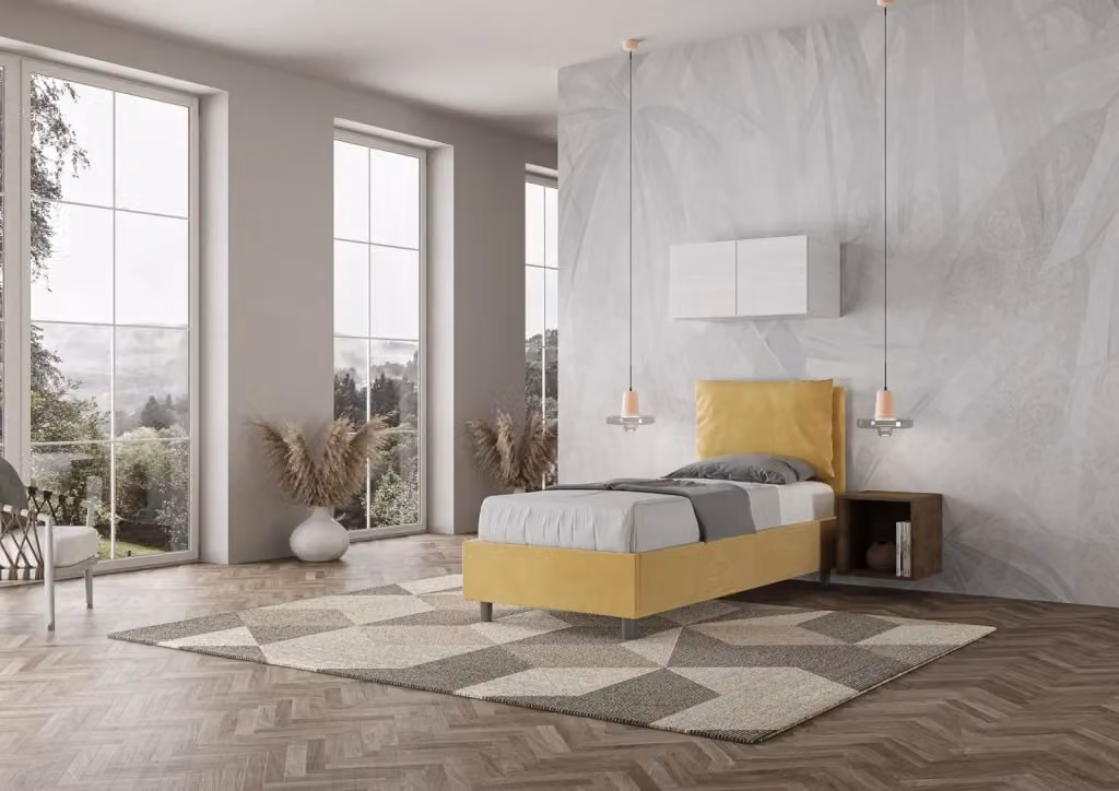 BS COM Letto singolo contenitore imbottito in microfibra colore giallo L: 80 cm, P: 210 cm, H: 110 cm – 2