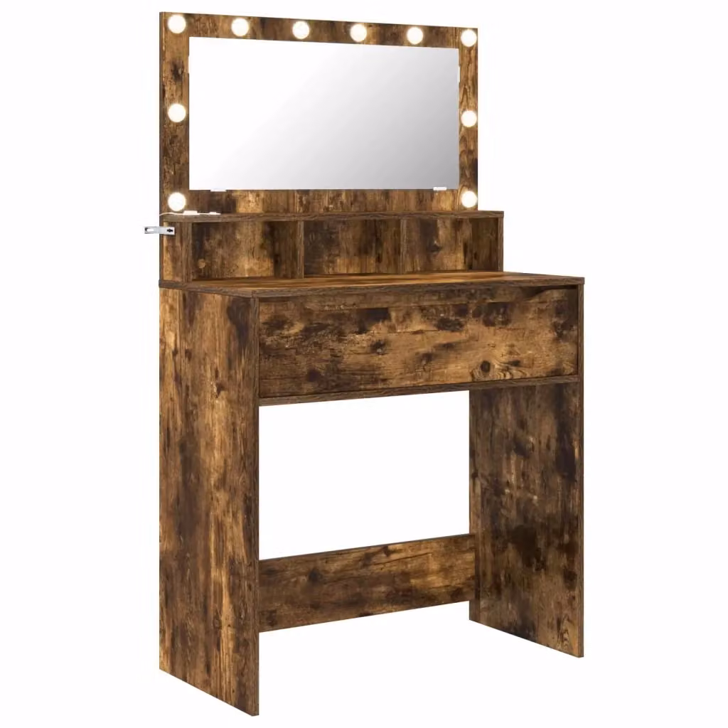 Tavolo da trucco moderno vidaXL con illuminazione LED in finitura rovere marrone per camera da letto L: 135,0 cm, P: 39,5 cm, H: 80,0 cm – 2
