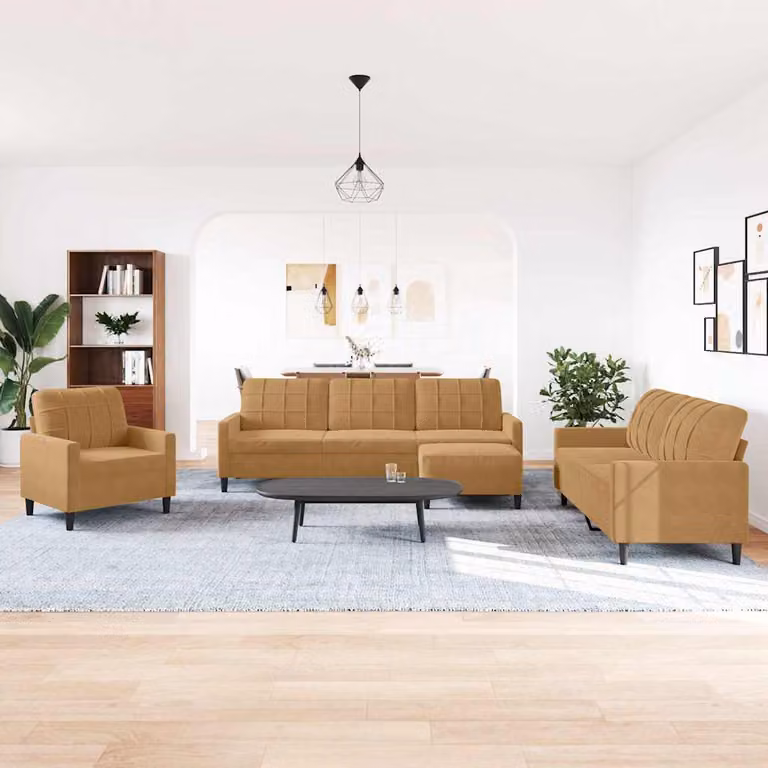 Set di divani moderno vidaXL in velluto marrone con cuscini e pouf, composto da divano a 3 posti, divano a 2 posti e pouf con struttura in metallo