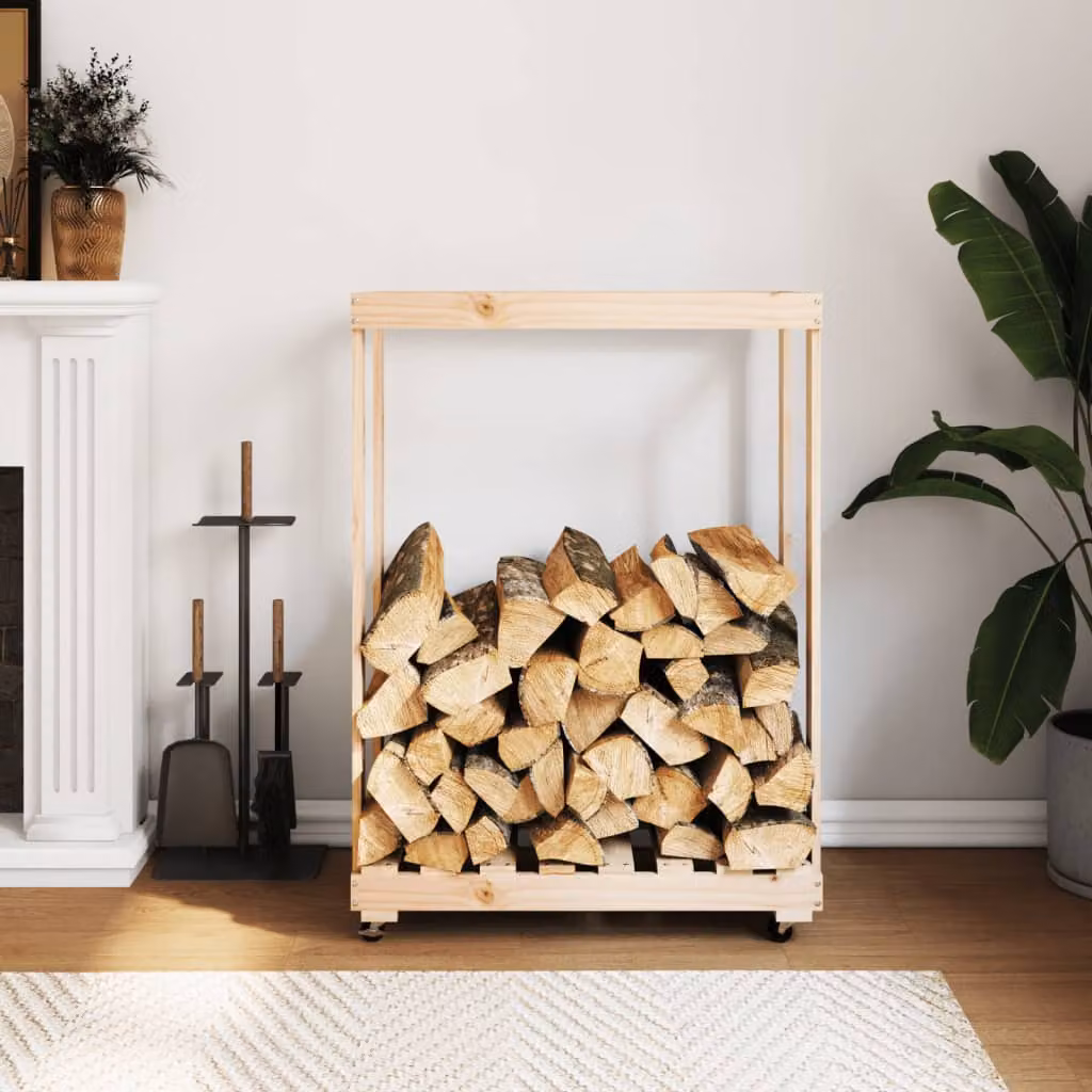 vidaXL Carrello Portalegna con Ruote in Legno Massello di Pino, Colore Beige/Marrone, L 76,5 cm x P 40 cm x H 108 cm