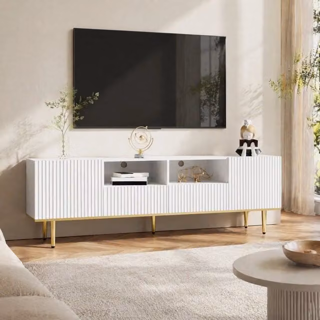 Mobile TV moderno in legno nero con dettagli e piedi dorati, 165x36x55 cm