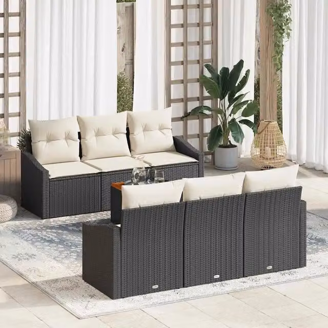 Set Divano da Giardino 7 pz Nero e Crema polyrattan 3356444