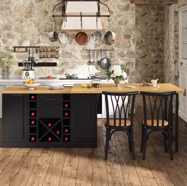 Isola cucina girevole 360° con spazio di deposito 120–223cm, porta vino estraibile e portaspazzatura, bianco/nero
