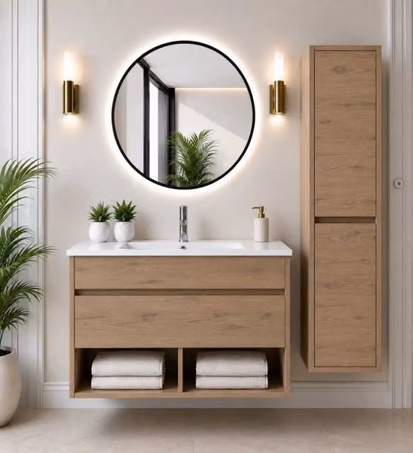 Mobile bagno sospeso con lavabo ORIGENBATH NEBARI con cassetto con colonna 50x40 cm estepa con colonna