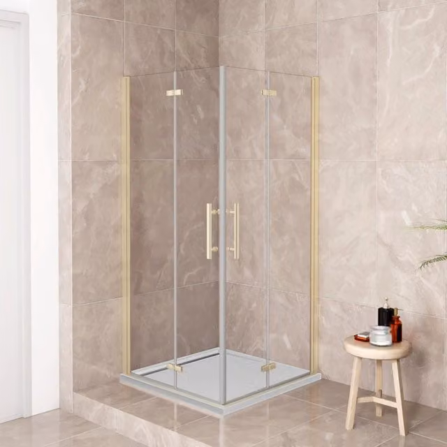 185 cm Box Doccia Angolare 76x76 cm Doppia Porta Battente Pieghevole Vetro Temperato Trasparente 6 mm Anticalcare Telaio Dorato Spazzolato