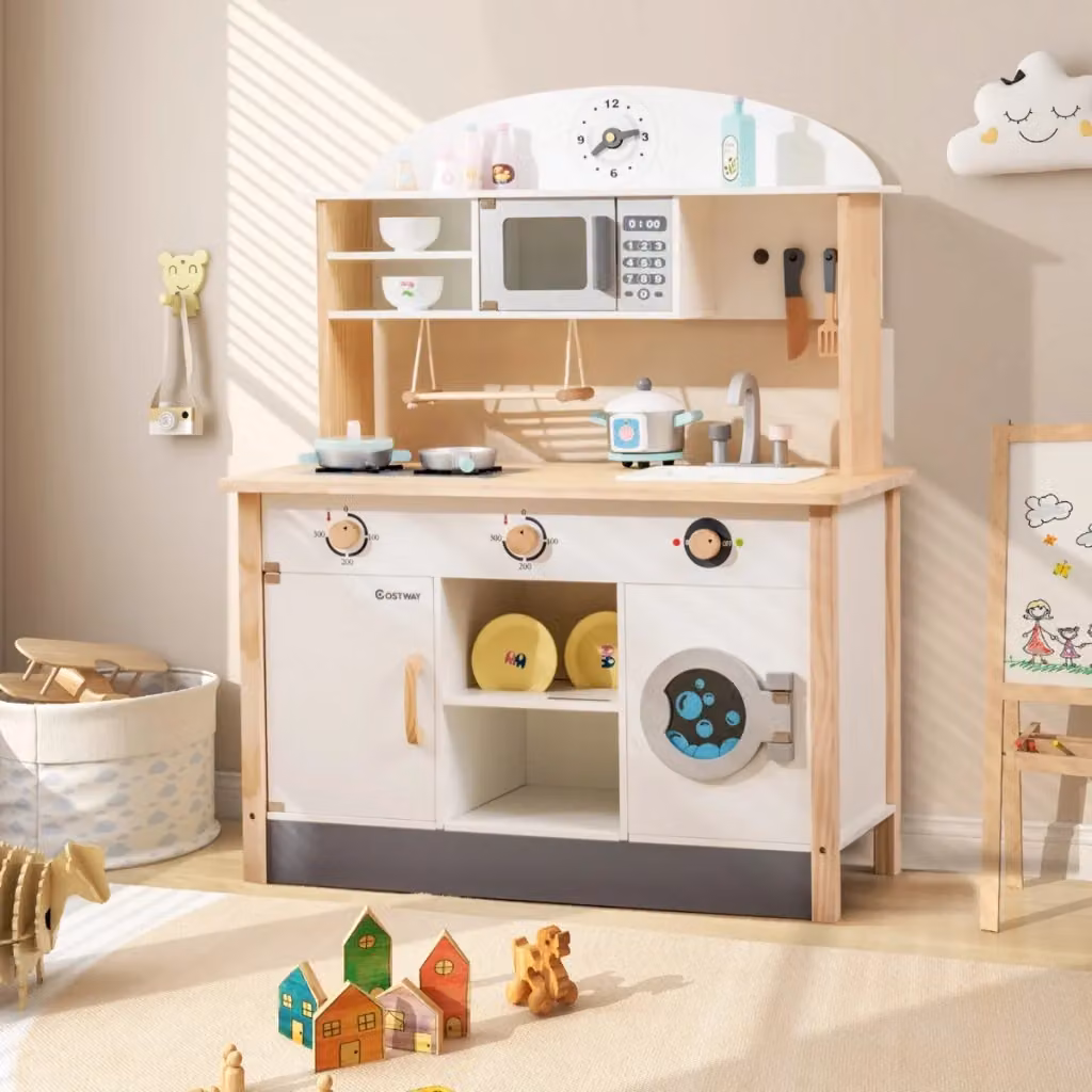 Set da cucina giocattolo in legno con forno a microonde e lavatrice, colore bianco – 2
