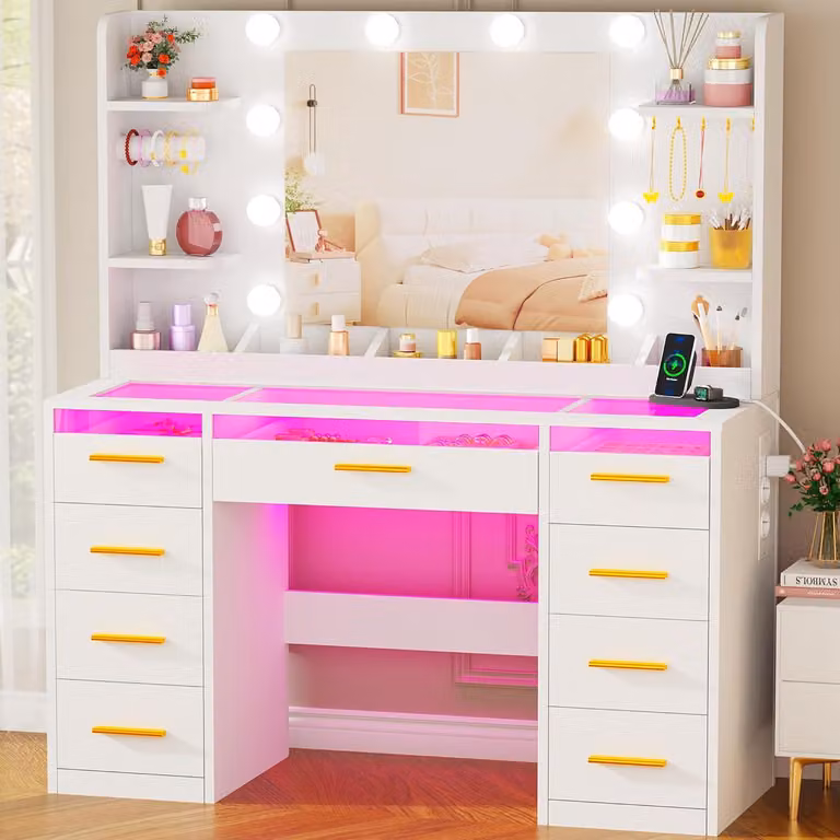 Tavolo da trucco - Comodino da trucco - Tavolo per il trucco - Tavolo per il make-up - Tavolo per la bellezza - Illuminazione LED regolabile