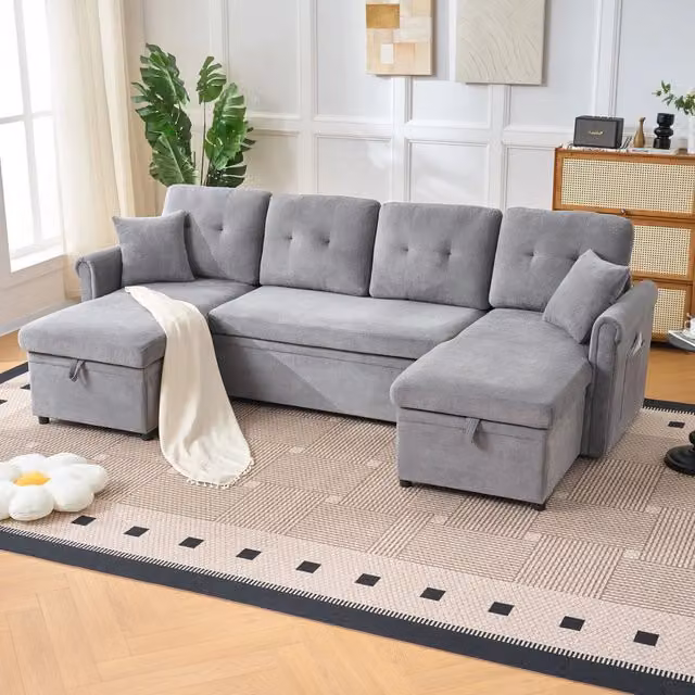 Divano panoramico a U Chicfurn con funzione letto e contenitore, rivestimento in tessuto grigio, 4-5 posti