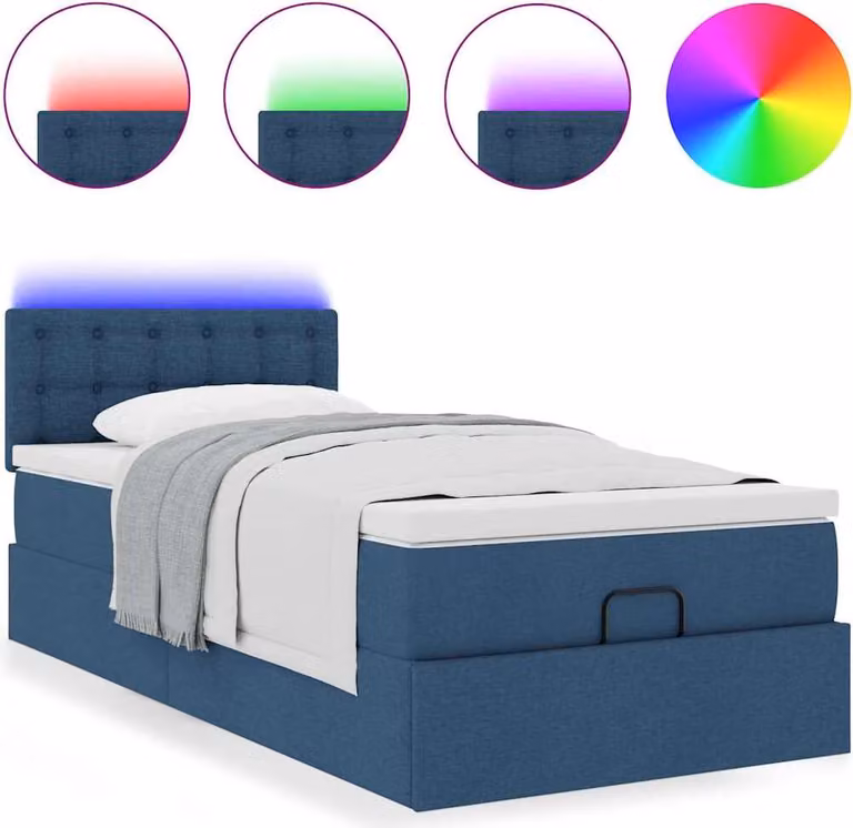 Pouf Letto con Materasso e LED Blu 90x200 cm in Tessuto