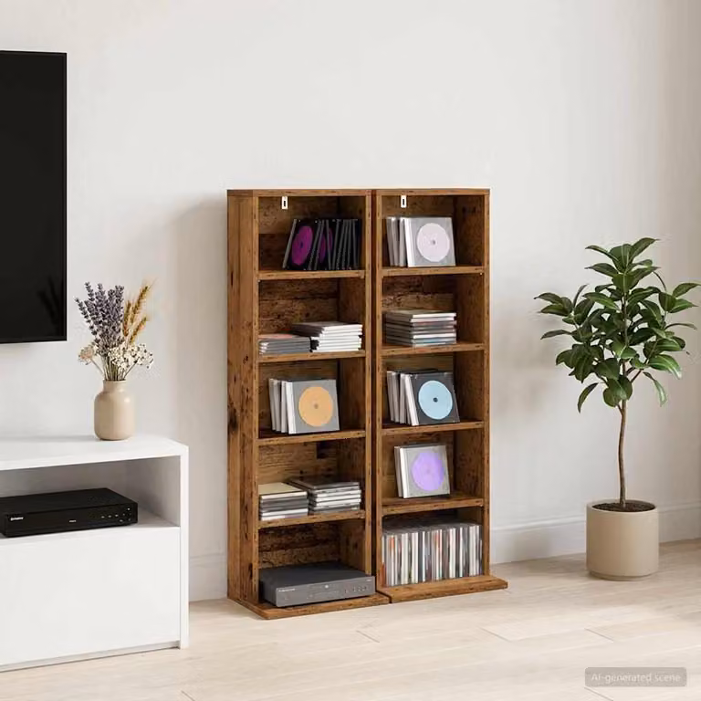 Set di 2 mobili porta CD vidaXL in legno color marrone antico con ripiani regolabili, L: 33 cm, P: 23,5 cm, H: 97,5 cm