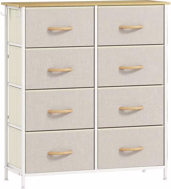 Cassettiera HOMCOM con 8 cassetti pieghevoli, 4 tasche e 2 ganci, in legno, acciaio e tessuto beige, L: 86 cm, P: 30 cm, H: 94.5 cm