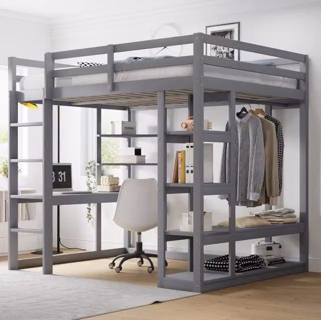 Letto a soppalco ULEVR 140x200 cm con scrivania, ripiani e appendiabiti, in legno grigio