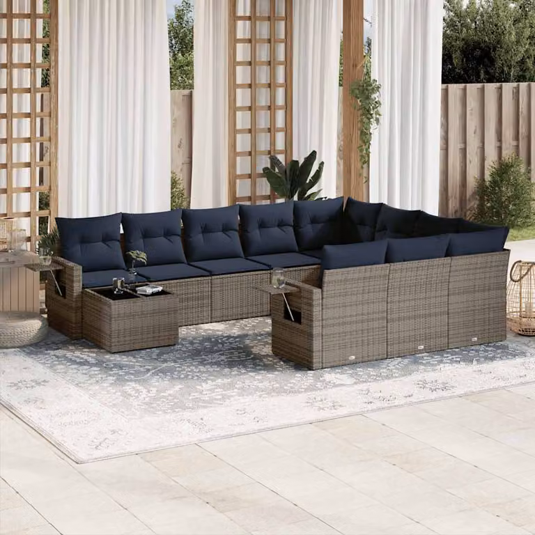 Set di divani da giardino vidaXL 11 pezzi con cuscini in polyrattan e tavolino, design moderno a forma di L, colore grigio e blu