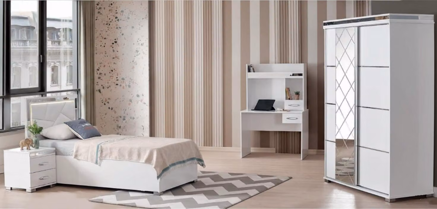 Elegante set di mobili per camera da letto per ragazzi, composto da 4 elementi: letto e contenitori per riporre oggetti