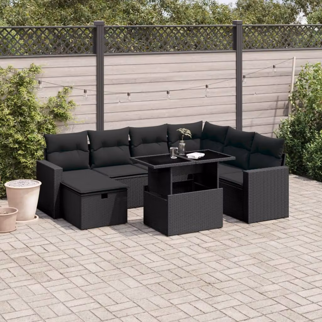 vidaXL Set Divani da Giardino a L con Cuscini 8 pz Nero in Polyrattan e Metallo – 1