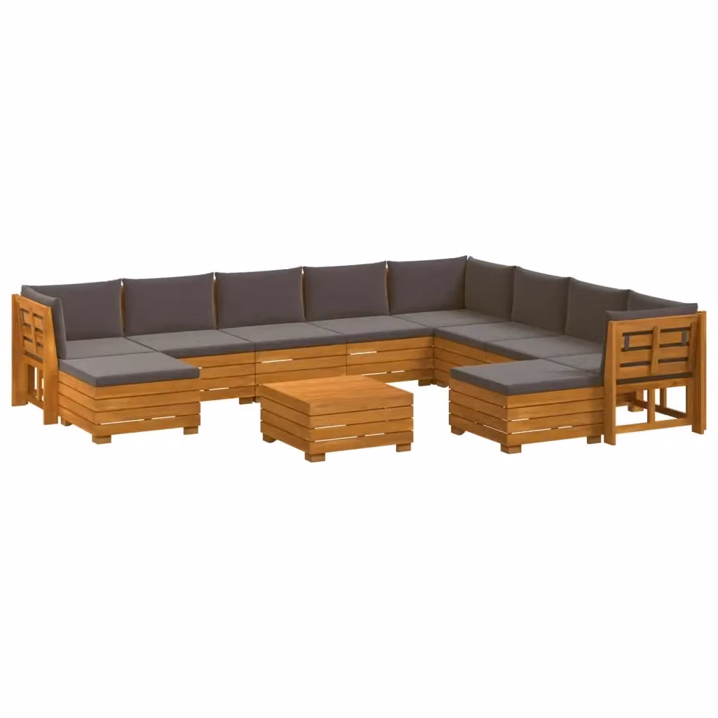 Set di 11 pezzi di divani da esterno vidaXL in legno di acacia massello marrone con cuscini e tavolino da giardino a forma di L – 2