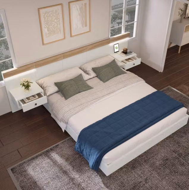 Letto matrimoniale 160x200 cm effetto sospeso con 2 comodini LED; USB e presa EU; Sonoma Eiche e bianco