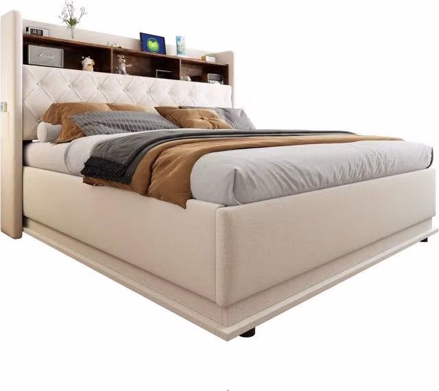 Letto contenitore matrimoniale 180x200 cm con LED RGB; USB; USB-C e testiera portaoggetti; beige