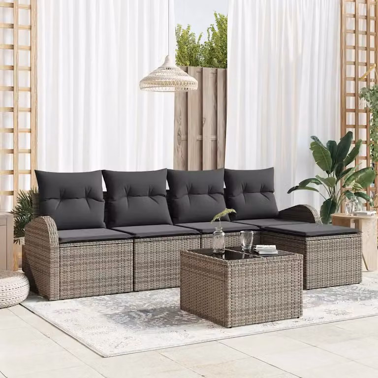 Set Divano da Giardino vidaXL 6 Pezzi a Forma di L Grigio con Tavolino e Pouf in Polyrattan e Acciaio