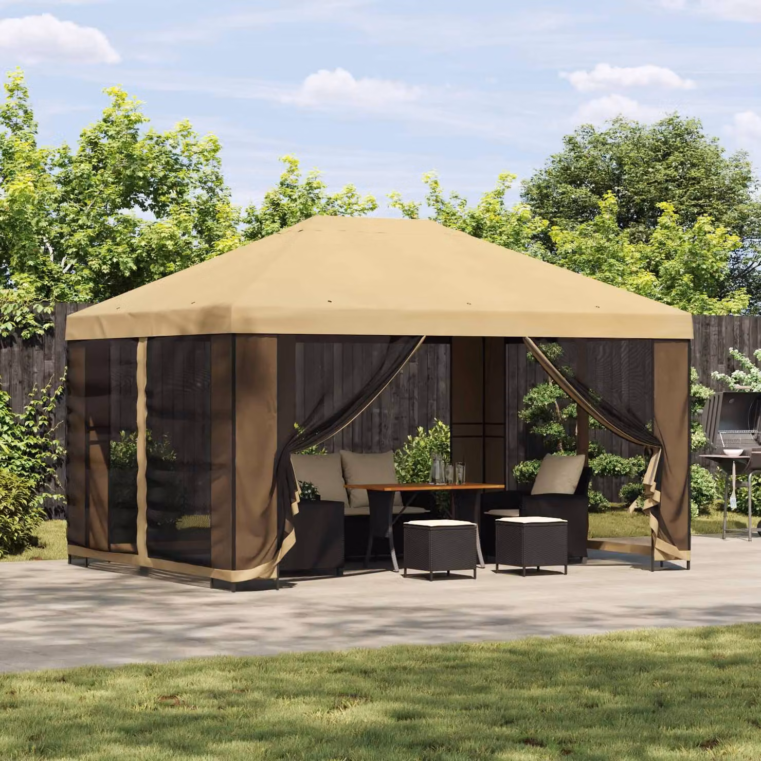Gazebo da giardino vidaXL con pareti laterali in poliestere e struttura in acciaio zincato, colore beige, L 400 x P 300 cm, H 276,5 cm