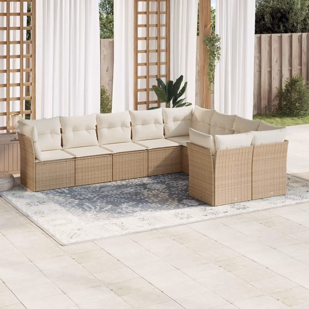 vidaXL Set Divano da Giardino 9 pz con Cuscini Beige in Polyrattan e Acciaio Verniciato a Polvere – 1