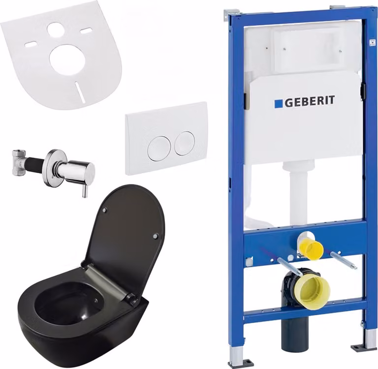 Set WC da parete Belvit senza brida, nero opaco, con bidet Taharet, sedile con chiusura ammortizzata e elemento pre-parete in Vetroceramica Geberit UP100
