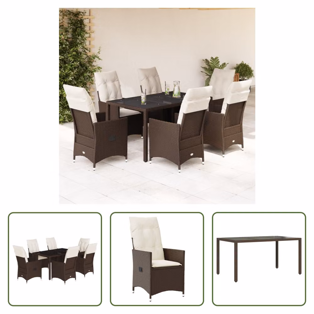 The Living Store Set da pranzo da giardino 7 pezzi con cuscini in polirattan marrone
