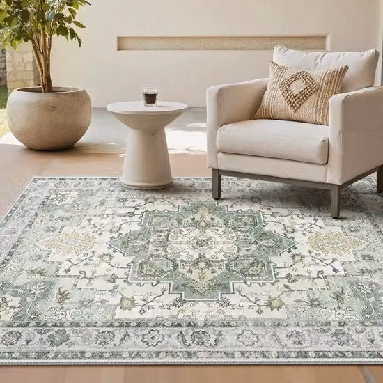 Tappeto rettangolare vintage in stile boho verde, lavabile e antiscivolo, L: 140 cm x P: 200 cm