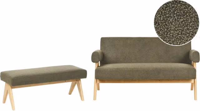 Set di divani Verde e marrone chiaro Divano a 2 posti Panca Boucle Rivestimento Retro Design Gambe di legno Soggiorno