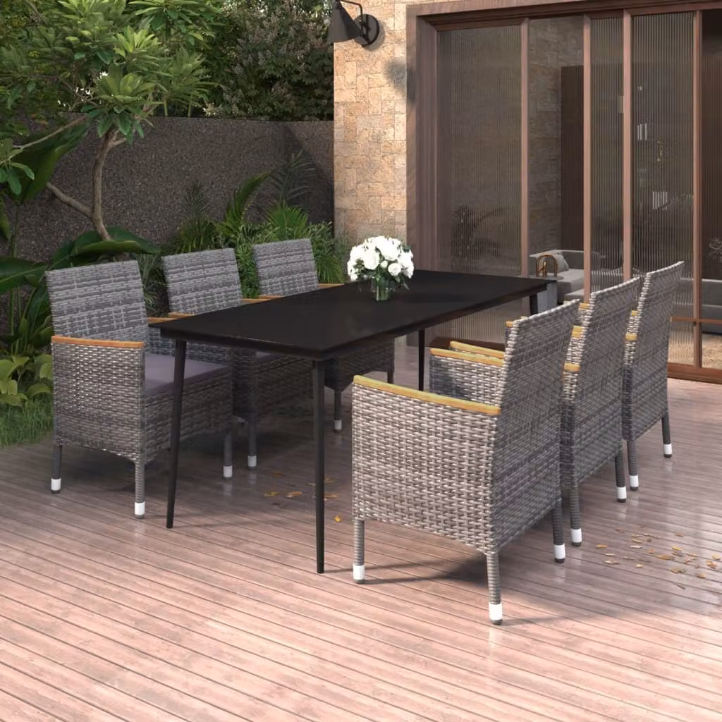 Maison Exclusive - Set da pranzo da giardino da 7 pezzi con cuscini in polyrattan e vetro