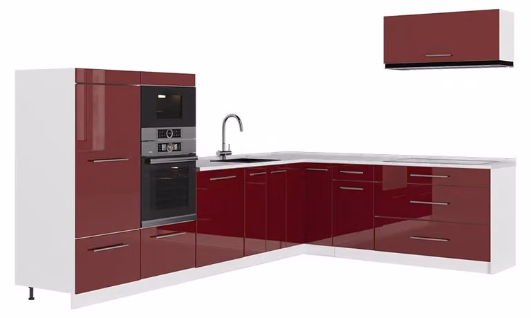 Cucina angolare completa Vicco Fame-Line Bordeaux lucido/Bianco 327 x 227 cm, PL Marmo, Model 64434