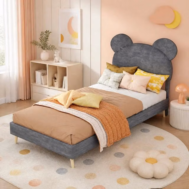 Letto singolo imbottito 90 × 200 cm con contenitore pneumatico in tessuto e metallo grigio testiera cartoon