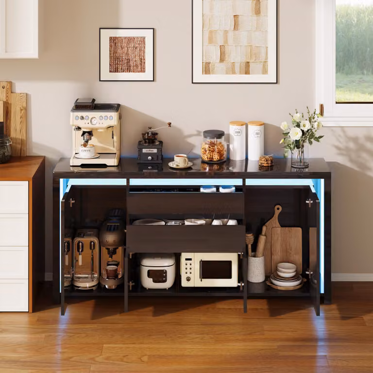 Credenza UnboxG nera lucida con LED, 4 ante e 2 cassetti, mobile contenitore per soggiorno, spazio di archiviazione e decorazione