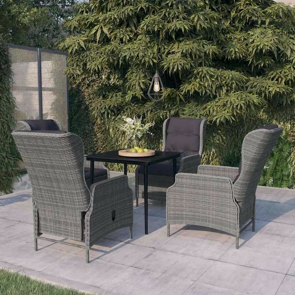 Set da pranzo da giardino vidaXL in 5 pezzi con tavolo in vetro e sedie in rattan, colore grigio e nero