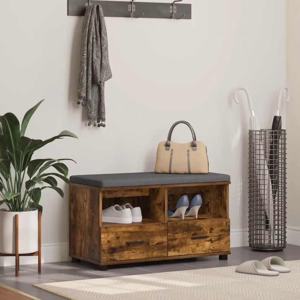 Panca per ingresso moderna con porta scarpe in legno di quercia marrone L: 80 cm, P: 38 cm, H: 46 cm – 2