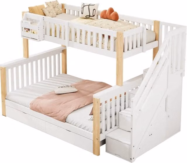 Letto a castello multifunzionale REDOM per bambini in stile scandinavo con struttura a casetta, scala con gradini e cassetti, colore bianco e beige, L/P: 140 x 200 cm