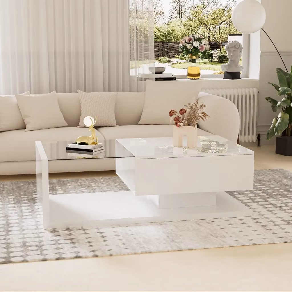 Tavolino basso MIVRAY moderno in bianco lucido con piano in vetro temperato e illuminazione LED a 16 colori regolabili L: 105 cm, P: 55 cm, H: 32.5 cm – 2