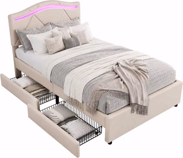 Letto singolo 90x200 beige in lino， LED， 2 cassetti， testiera regolabile， senza materasso