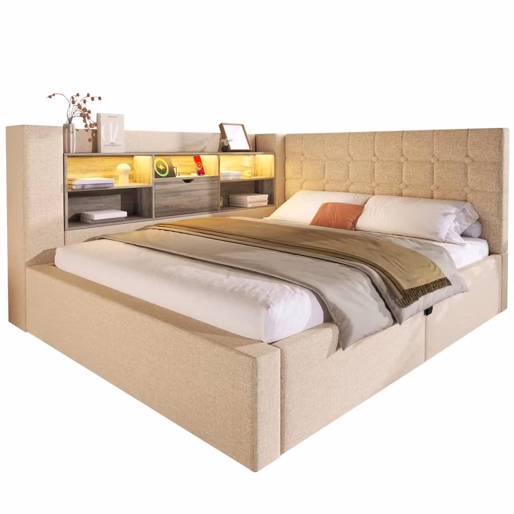 Letto imbottito contenitore Minimal con LED e porta USB, tessuto beige, L/P: 140 x 200 cm, con testiera con mensola e materasso ibrido incluso – 2