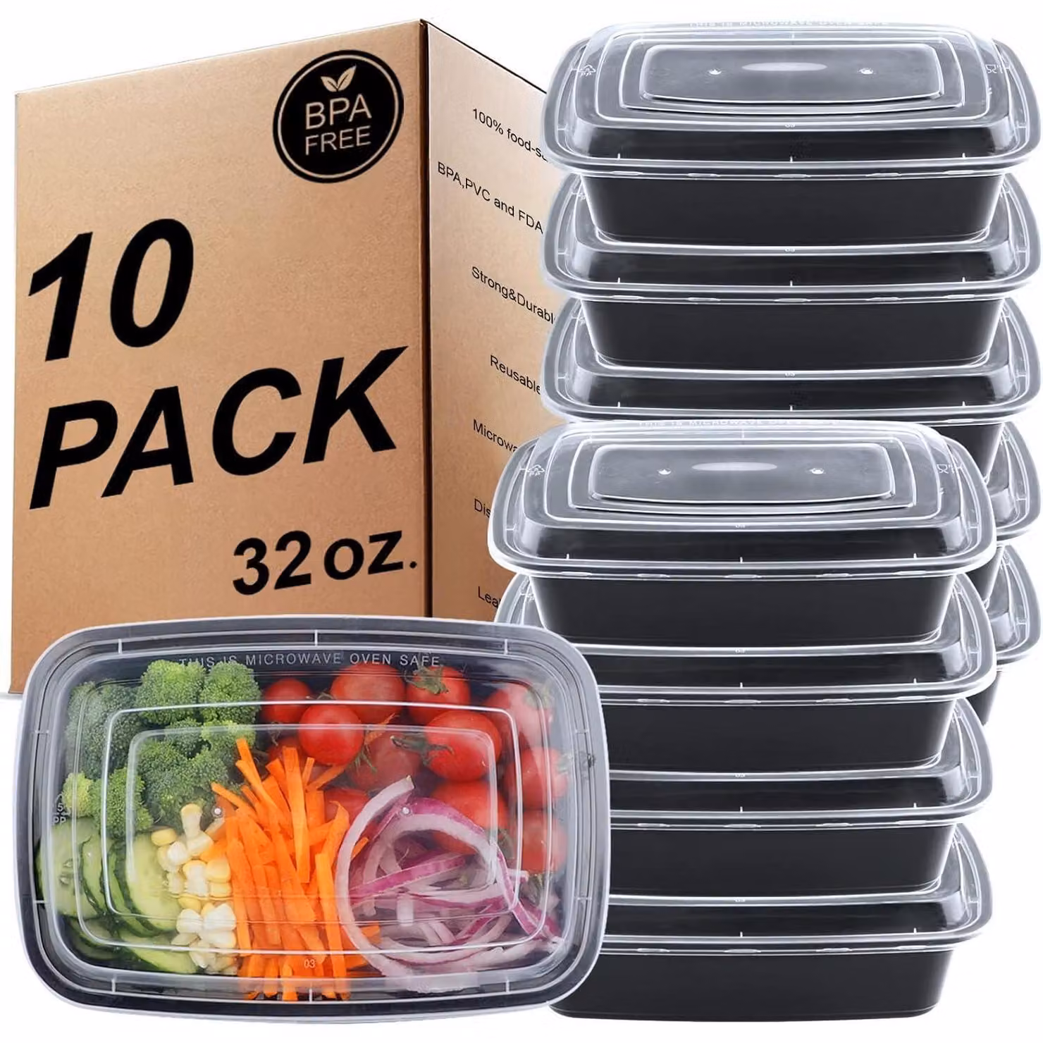 Contenitore per la preparazione dei pasti, 1 scomparto, ermetico, senza BPA, riutilizzabile, confezione da 10, capacità 32 once