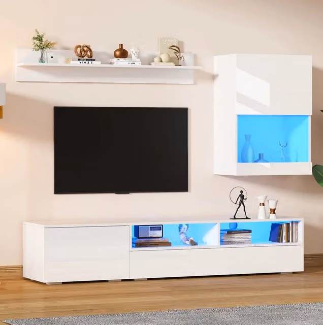 Parete attrezzata TV ULEVR bianca con mobile TV 175 cm, vetrina, mensola, LED e finitura lucida