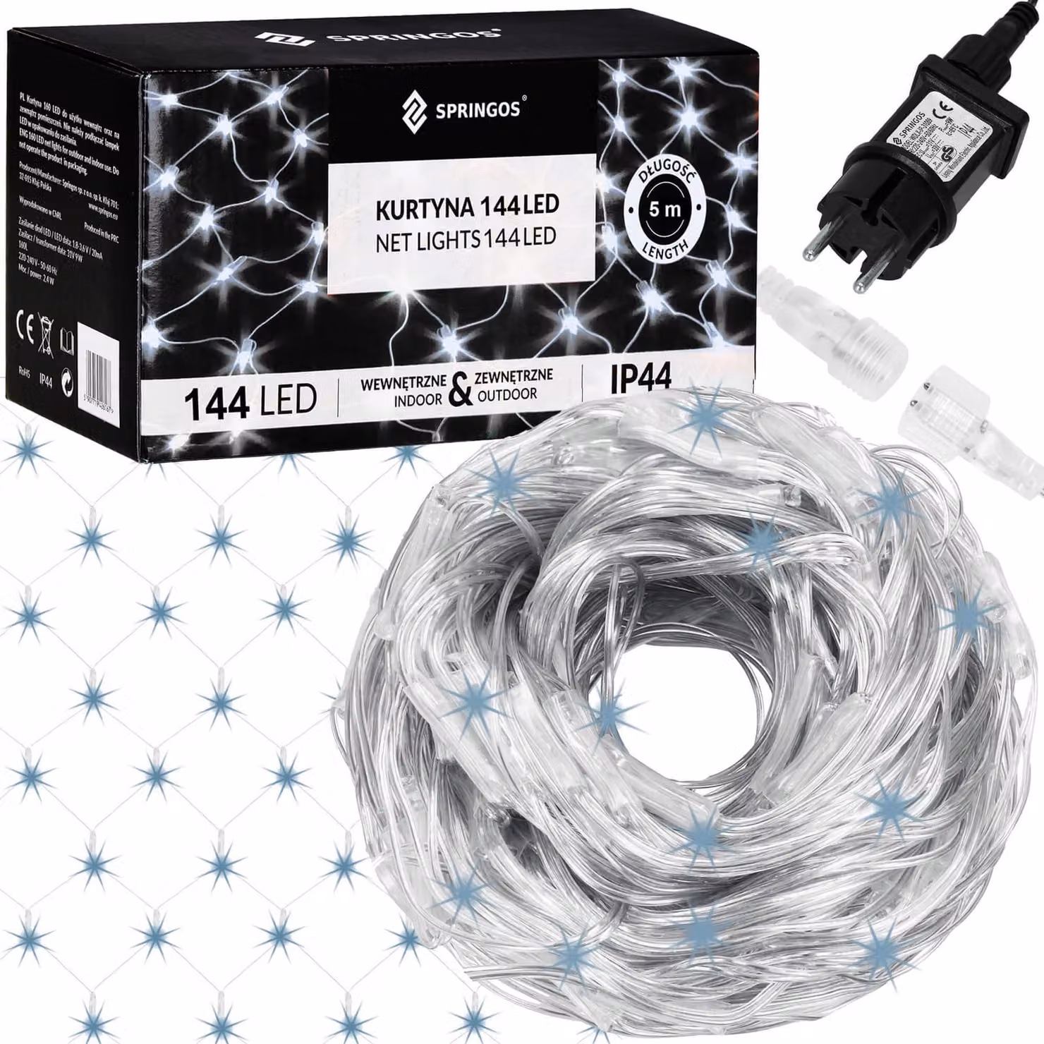 Rete luminosa a LED - 2x2 m, 144 LED, 8 funzioni, memoria, IP44, bianco freddo