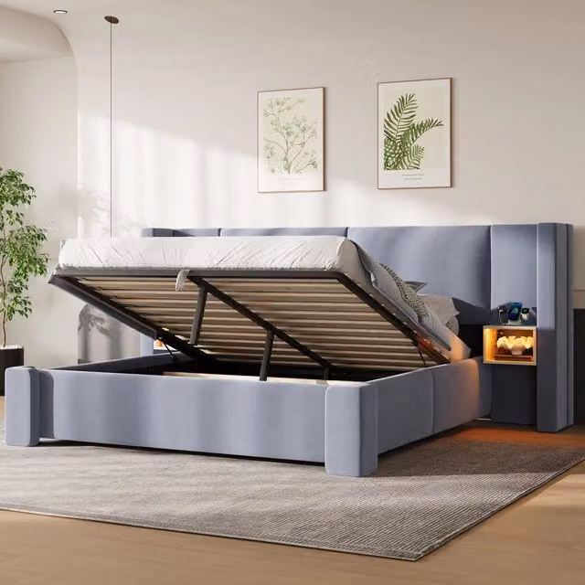 Letto matrimoniale 180x200 cm in lino grigio con contenitore; sollevamento idraulico e luci LED