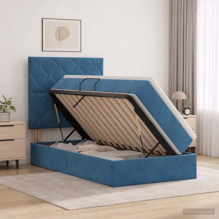 Letto con contenitore vidaXL in velluto blu con base lift-up e illuminazione sottostante L: 200 cm, P: 90 cm, H: 128 cm