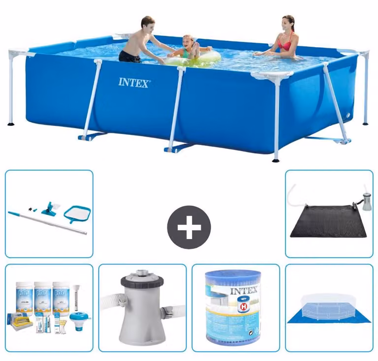Piscina rettangolare - 300 x 200 x 75 cm - Blu - Include: kit di manutenzione, pompa per piscina, filtro, telo protettivo per il fondo, set di pulizia, pannello solare