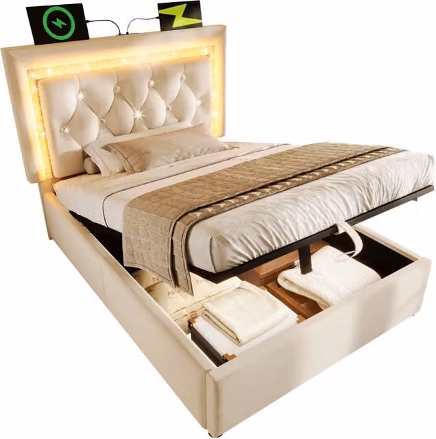 Letto imbottito 90x200 cm in velluto beige con LED nel testaletto, ricarica USB e Type-C, contenitore idraulico e materasso incluso