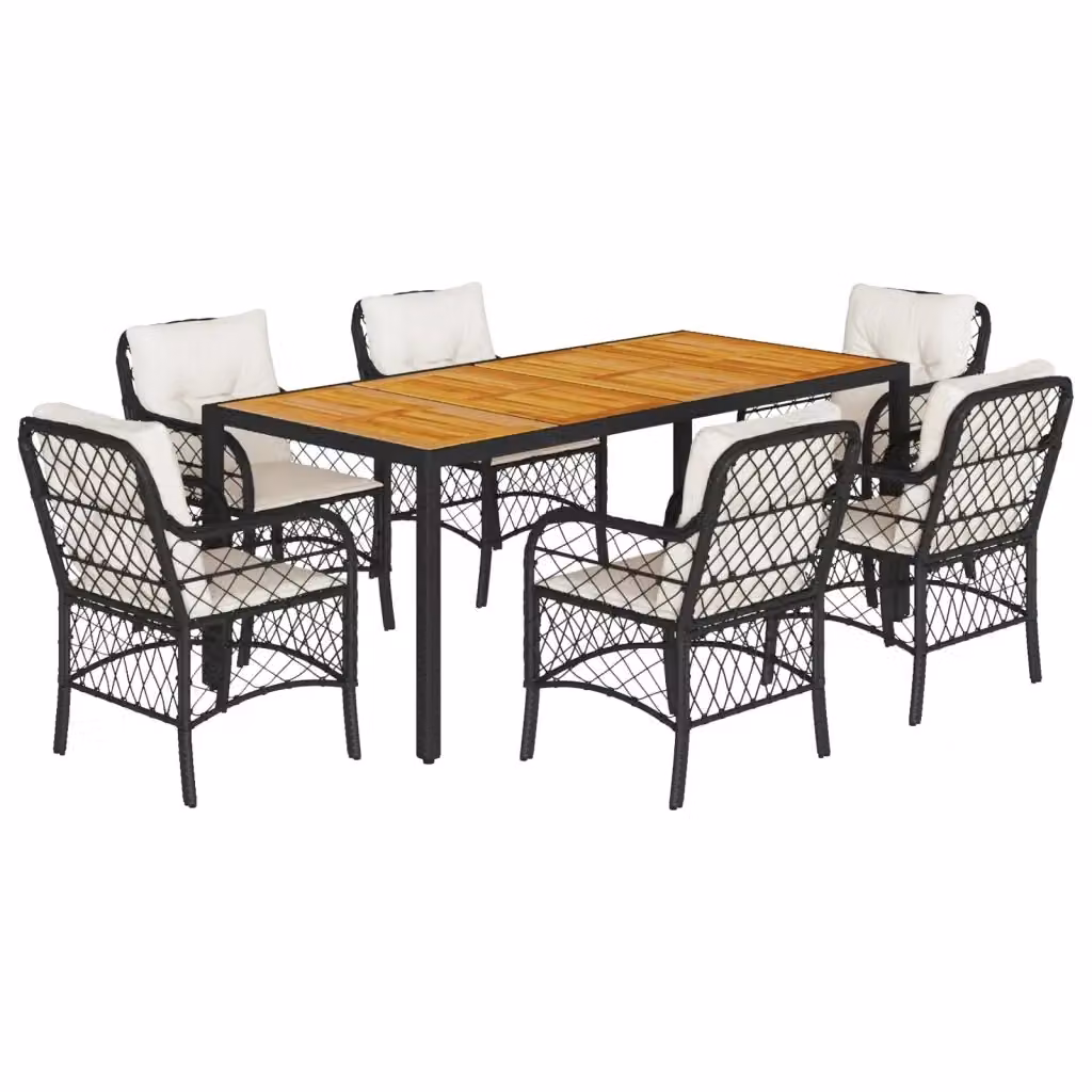 vidaXL Set da Pranzo da Giardino 7 pz in Legno di Acacia e Polyrattan Nero con Cuscini Beige e Bianchi – 2