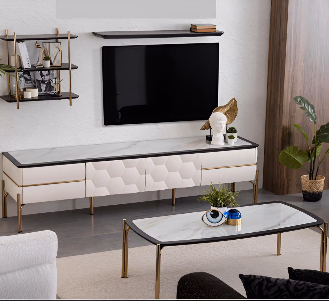 Set da salotto: credenza, tavolino da salotto e 2 mensole da parete, bianco-oro