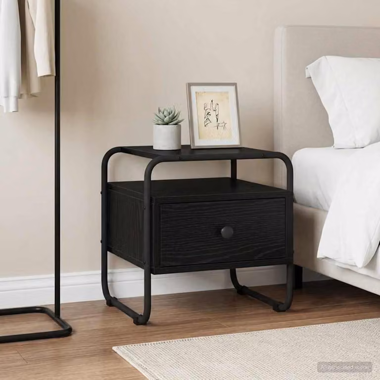 Armadio da Notte Moderno vidaXL in MDF e Metallo, Colore Rovere e Nero, L 40 cm x P 39,5 cm x H 40 cm